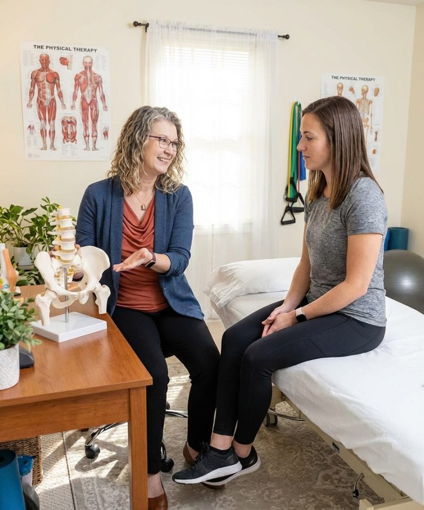 Patient working with a provider at a pelvic floor physical therapy clinic