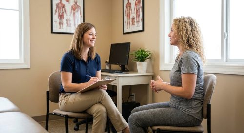 Patient consulting with a pelvic floor physical therapist at a pelvic health clinic in McLean, VA
